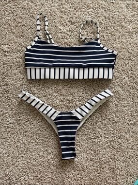 Beach Bunny Navy and White Striped Ribbed Bikini Set